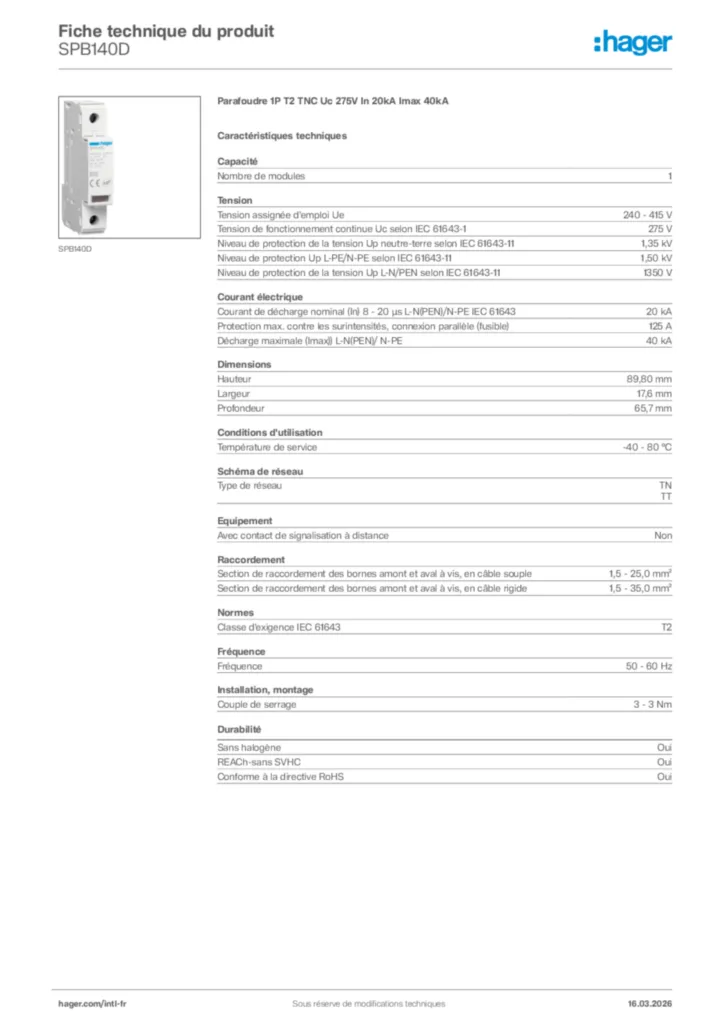 Image Hager Fiche technique du produit SPB140D | Hager Afrique