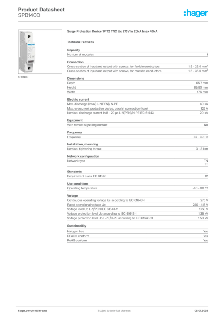 Image Hager Product data sheet SPB140D  | Hager