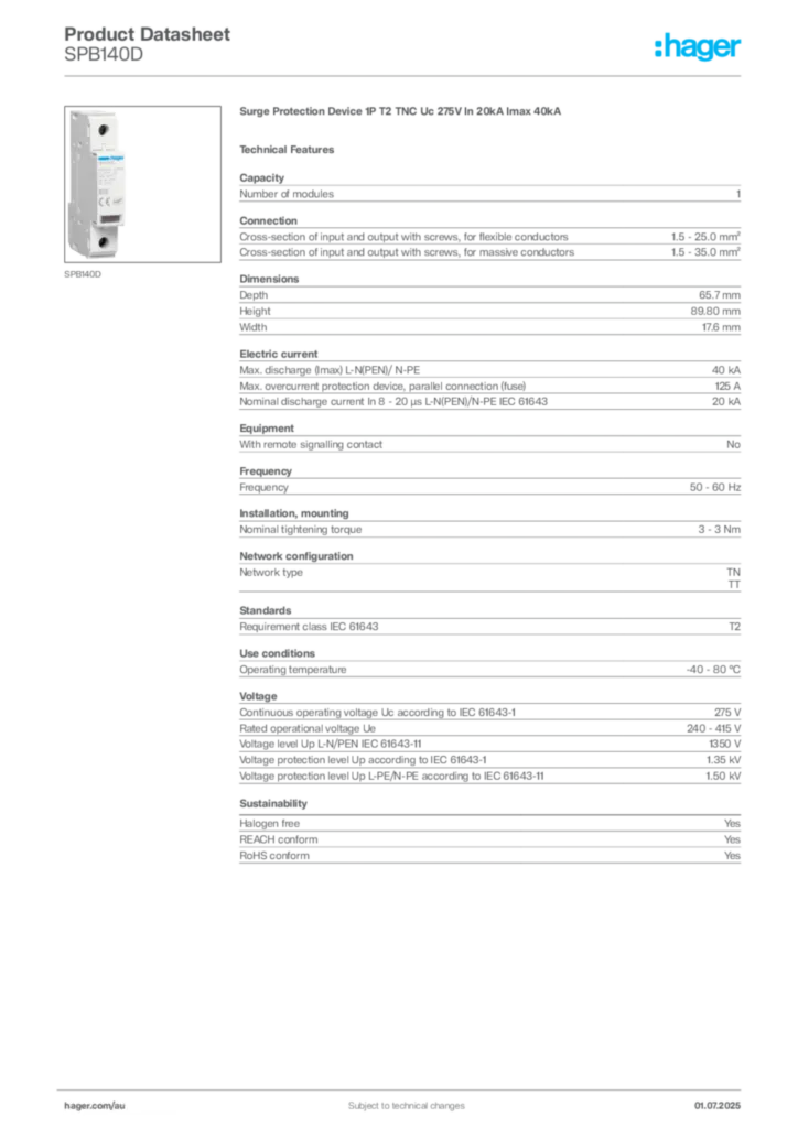 Image Hager Product data sheet SPB140D  | Hager Australia