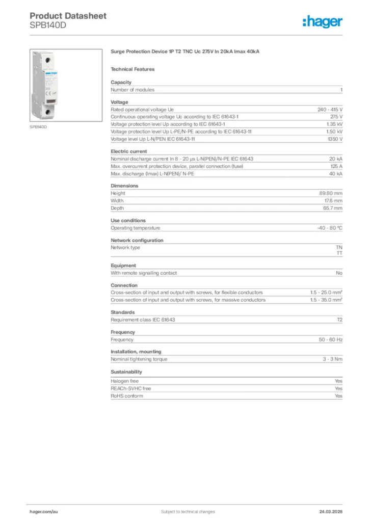 Image Hager Product data sheet SPB140D  | Hager Australia