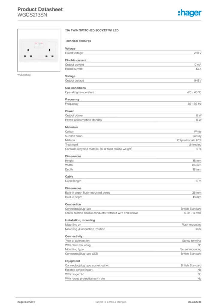 Image Hager Product data sheet WGCS213SN  | Hager