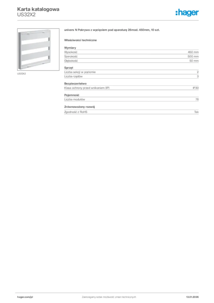 Zdjęcie Hager Karta katalogowa US32X2 | Hager Polska