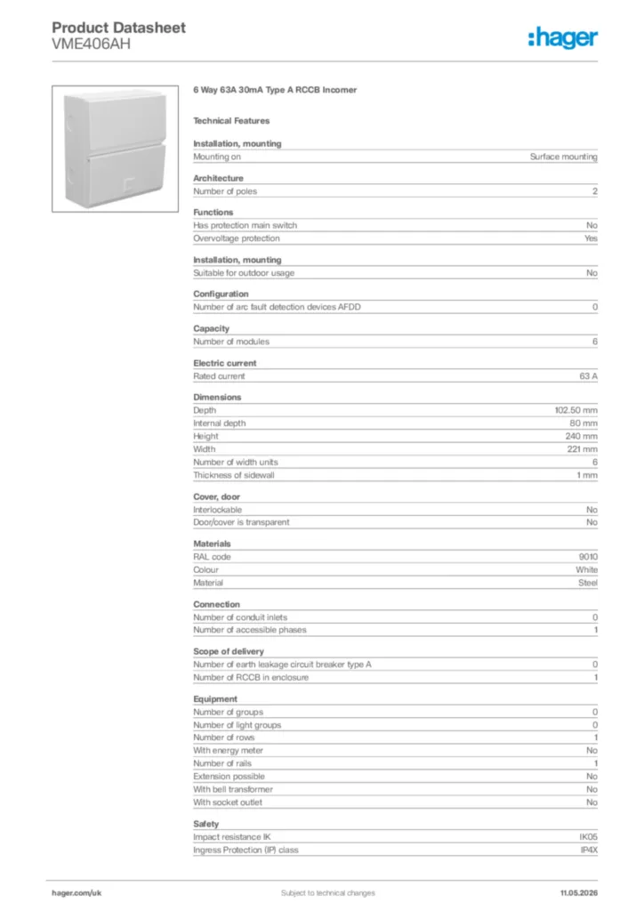 Image Hager Product data sheet VME406AH  | Hager