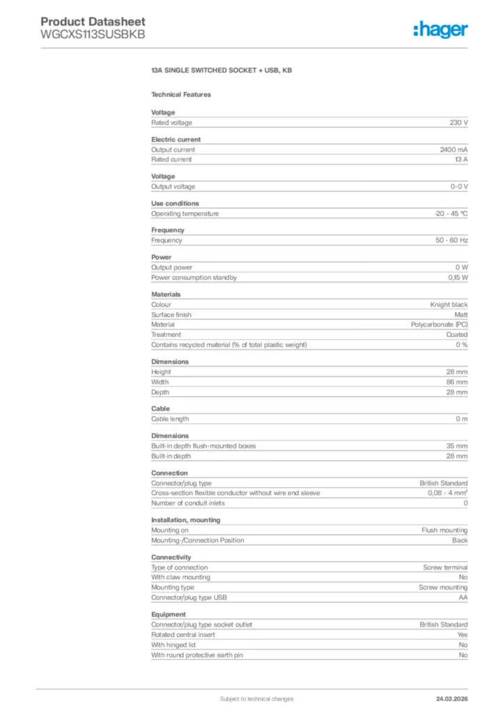 Image Hager Product data sheet WGCXS113SUSBKB  | Hager