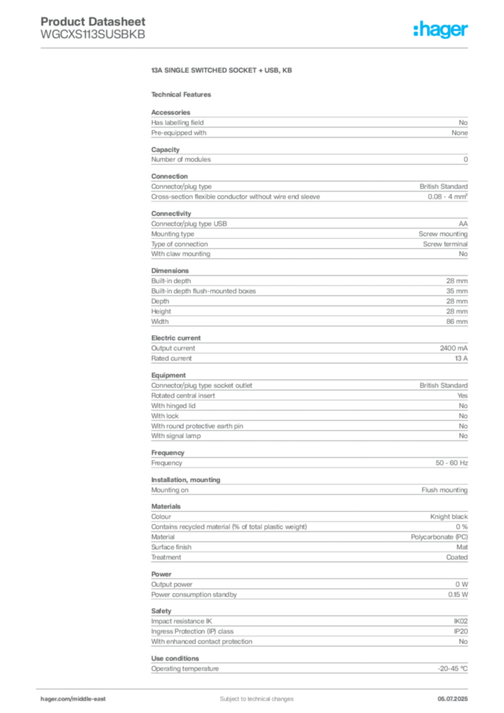 Image Hager Product data sheet WGCXS113SUSBKB  | Hager