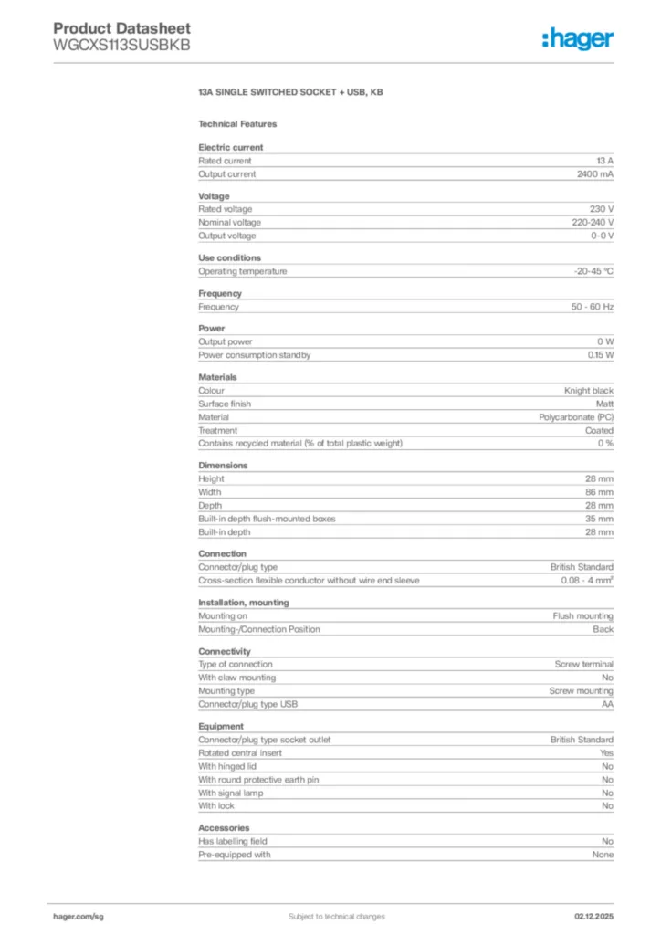 Image Hager Product data sheet WGCXS113SUSBKB  | Hager