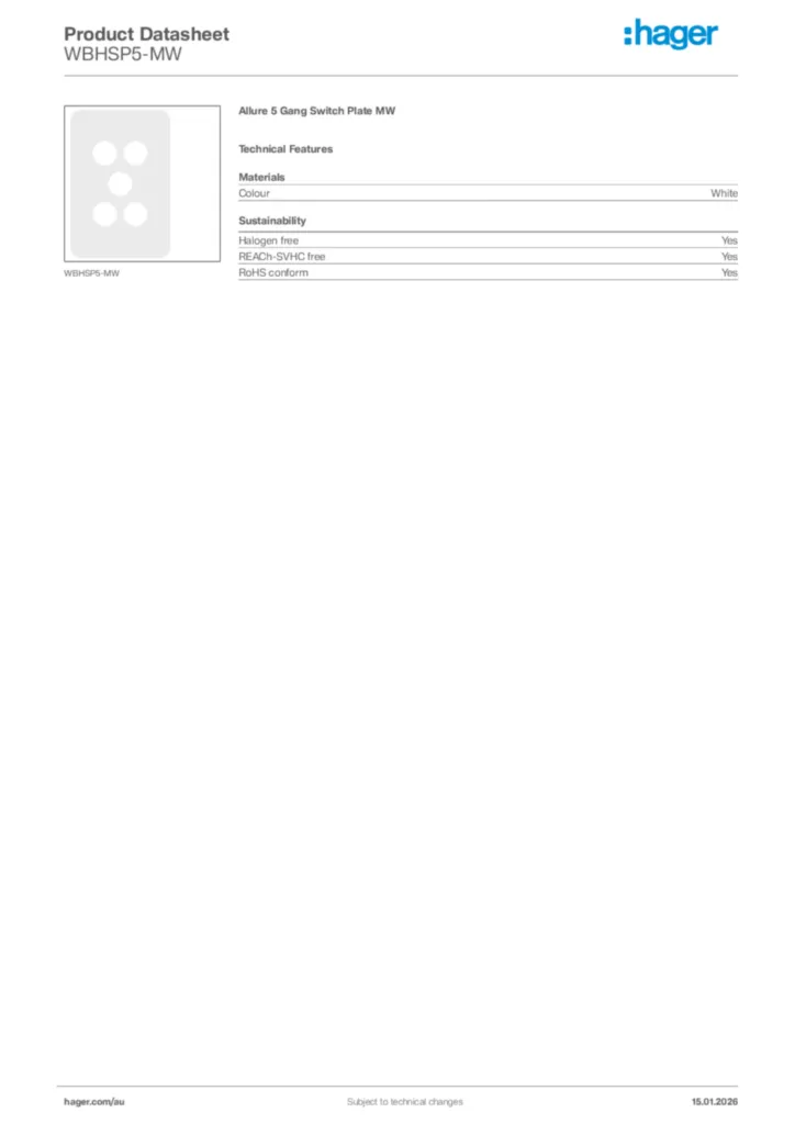 Image Hager Product data sheet WBHSP5-MW  | Hager Australia