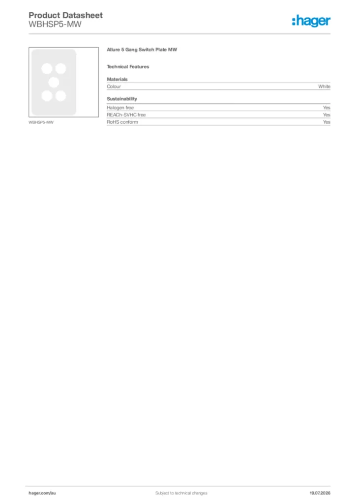 Image Hager Product data sheet WBHSP5-MW  | Hager Australia