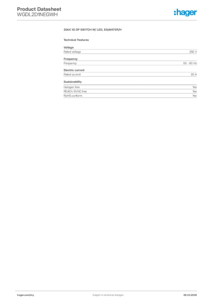 Image Hager Product data sheet WGDL2D1NEGWH  | Hager