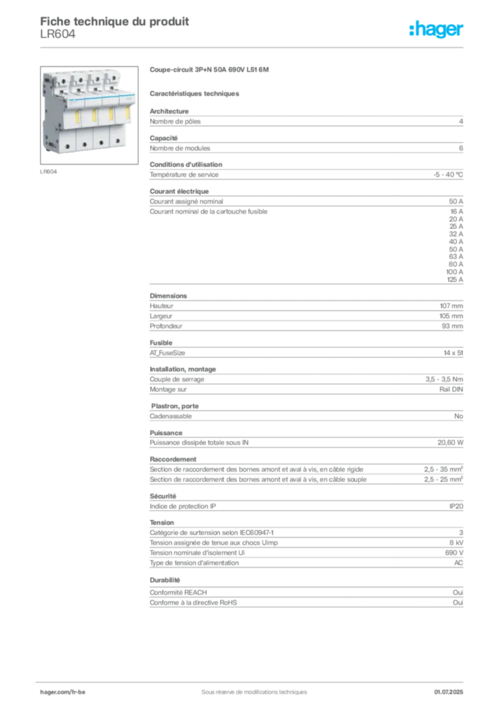 Image Hager Fiche technique du produit LR604 | Hager Belgique