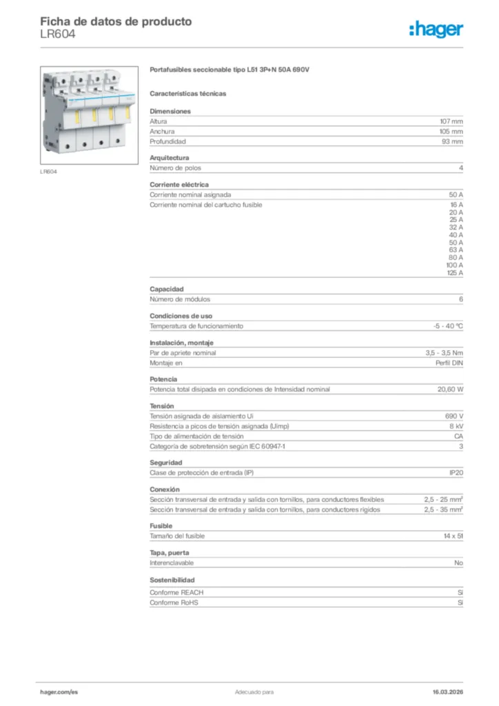 Imagen Hager Ficha de datos de producto LR604 | Hager España