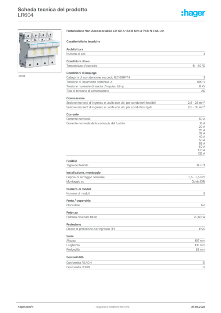 Immagine Hager Scheda tecnica del prodotto LR604 | Hager Italia