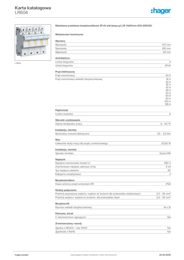 Zdjęcie Hager Karta katalogowa LR604 | Hager Polska