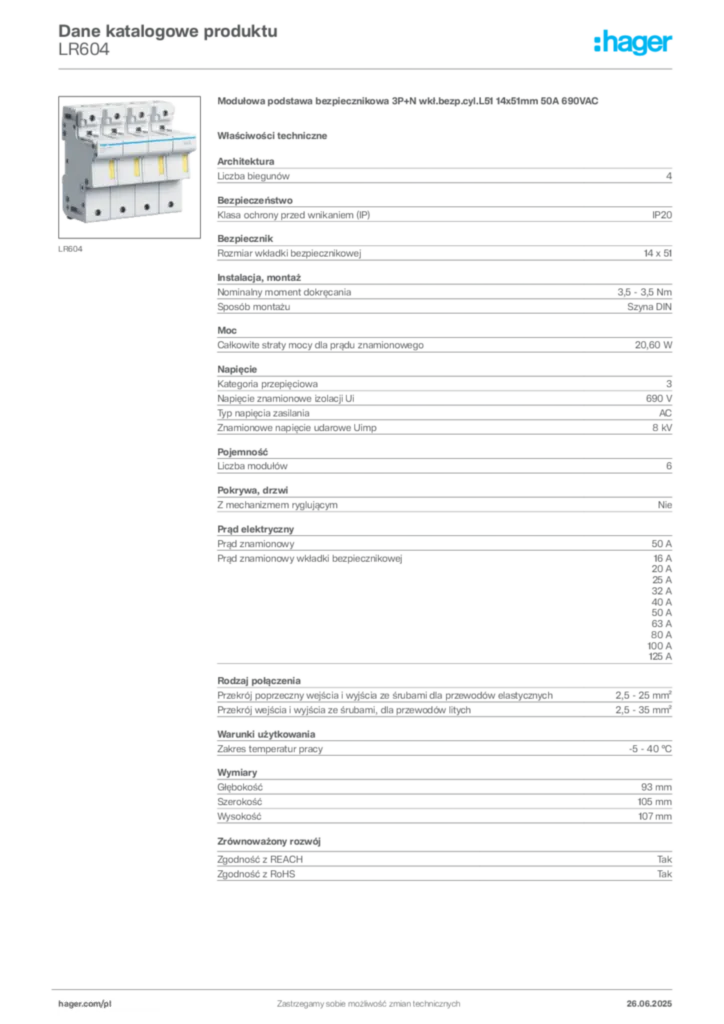 Zdjęcie Hager Dane katalogowe produktu LR604 | Hager Polska