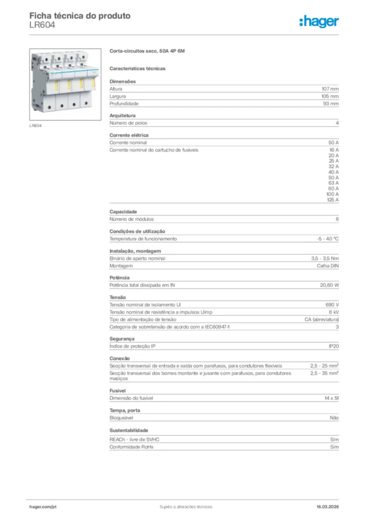 Imagem Hager Ficha técnica do produto LR604 | Hager Portugal