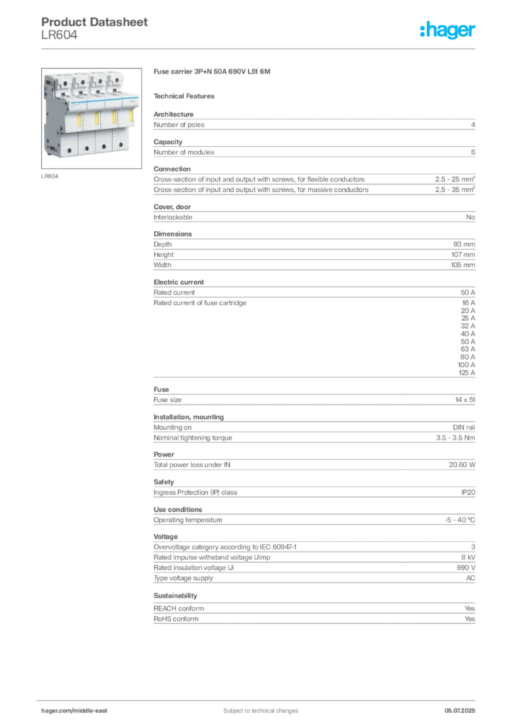Image Hager Product data sheet LR604  | Hager