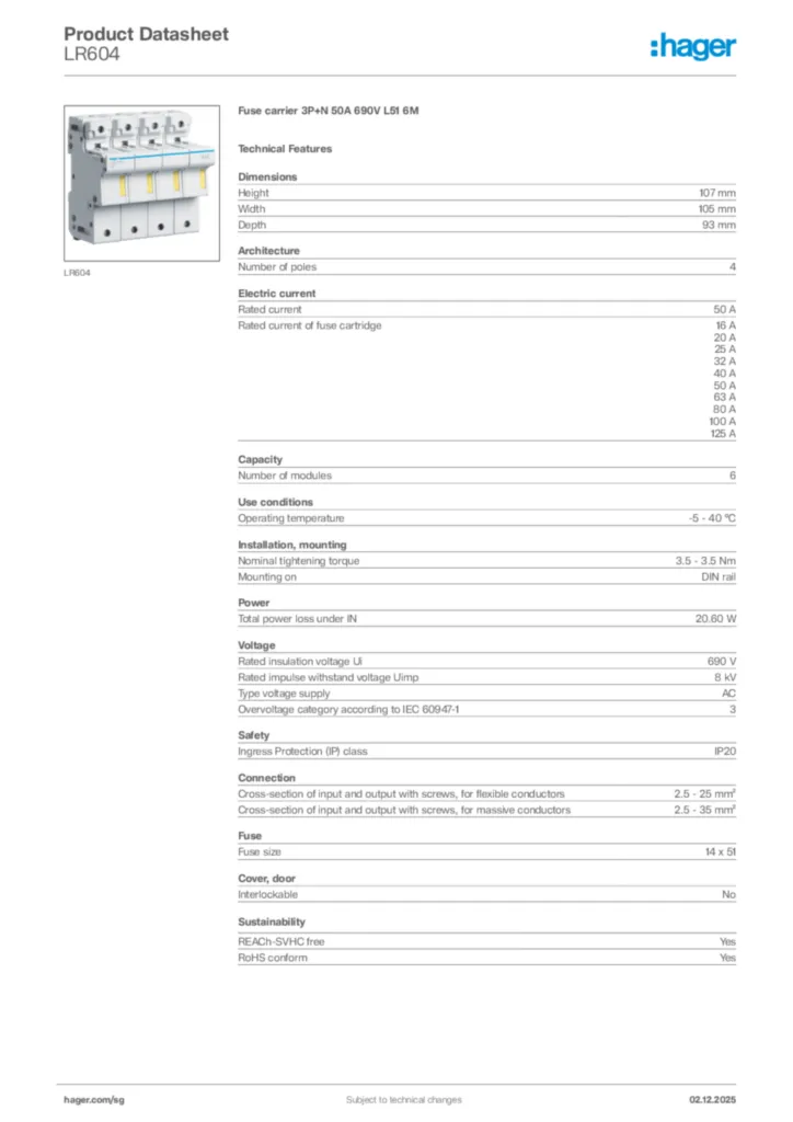 Image Hager Product data sheet LR604  | Hager