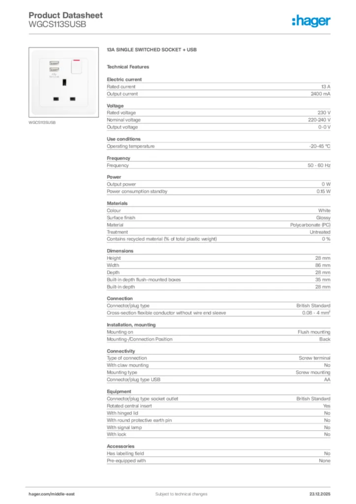 Image Hager Product data sheet WGCS113SUSB  | Hager