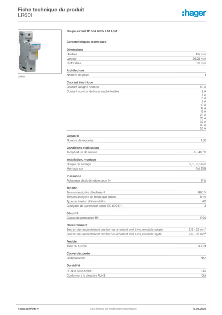 Image Hager Fiche technique du produit LR601 | Hager Afrique