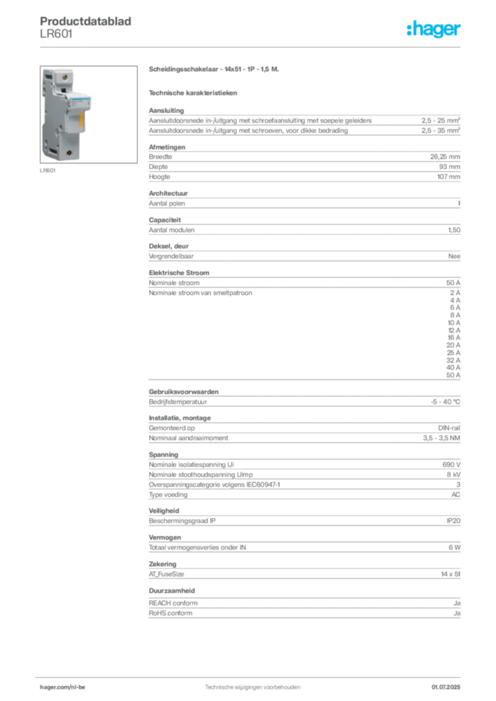 Afbeelding Hager Productdatablad LR601 | Hager Belgium