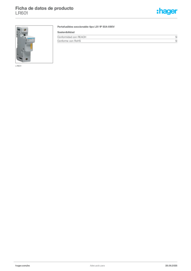 Imagen Hager Ficha de datos de producto LR601 | Hager España