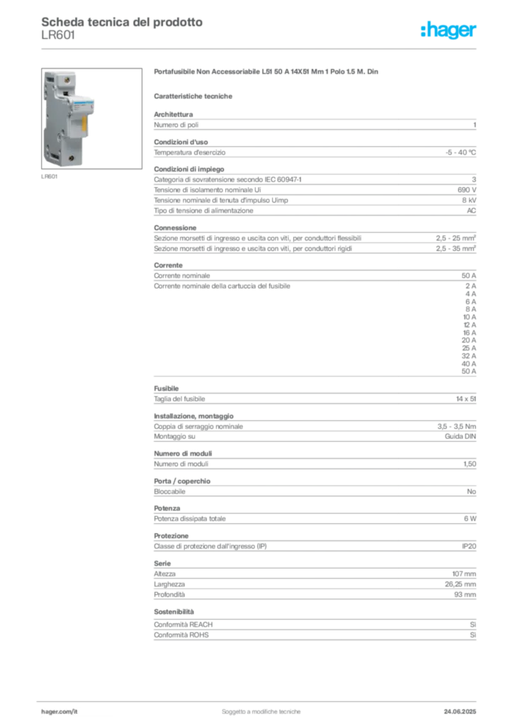 Immagine Hager Scheda tecnica del prodotto LR601 | Hager Italia