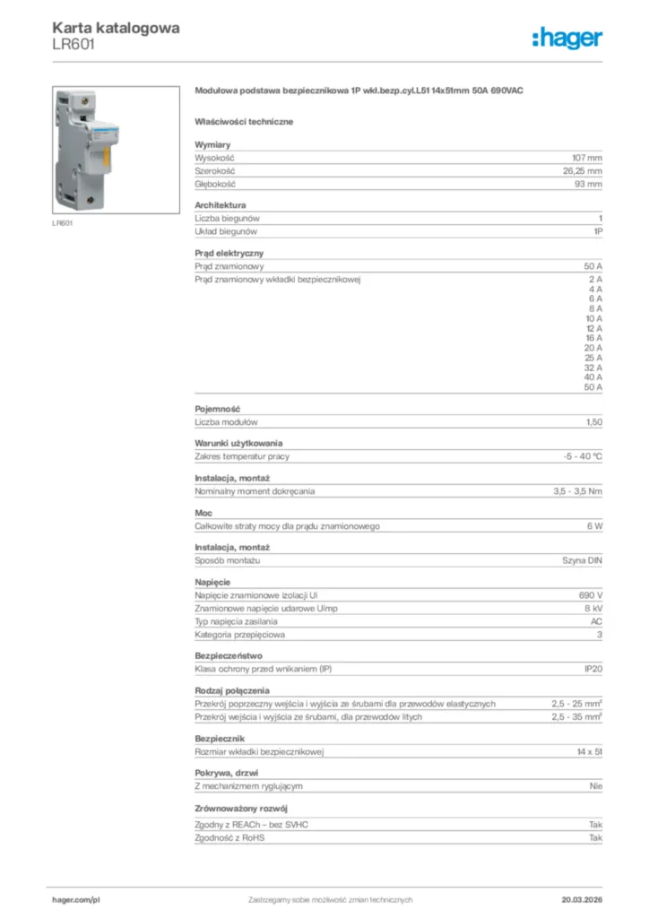 Zdjęcie Hager Karta katalogowa LR601 | Hager Polska