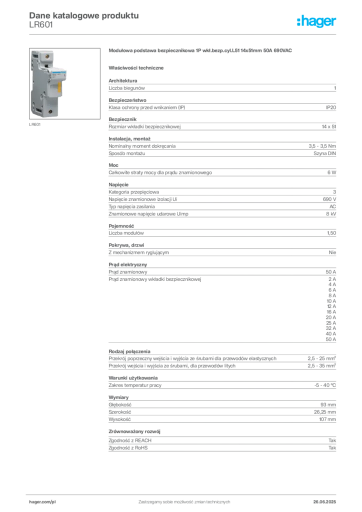 Zdjęcie Hager Dane katalogowe produktu LR601 | Hager Polska