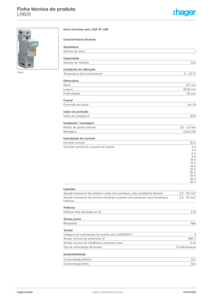 Imagem Hager Ficha técnica do produto LR601 | Hager Portugal