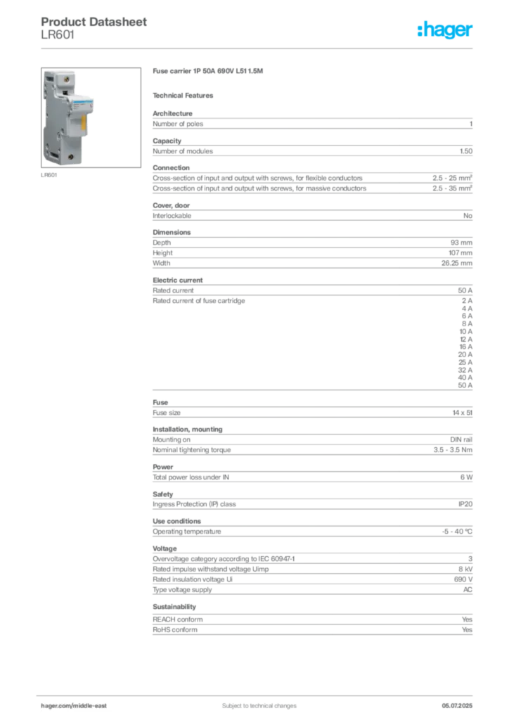 Image Hager Product data sheet LR601  | Hager