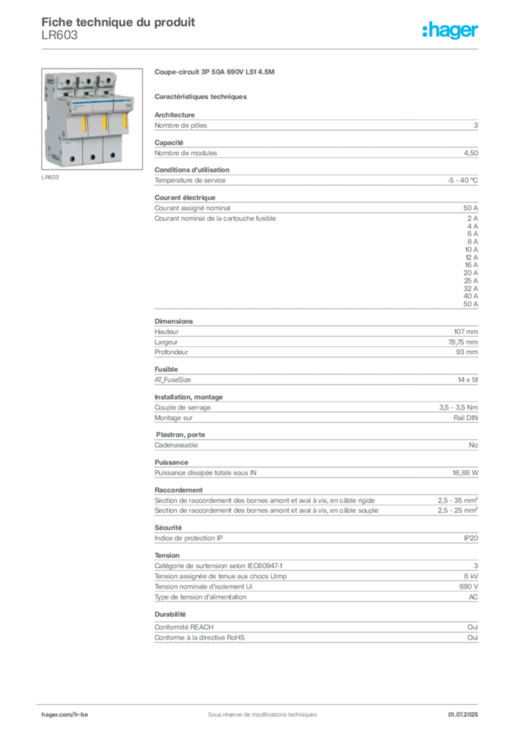 Image Hager Fiche technique du produit LR603 | Hager Belgique