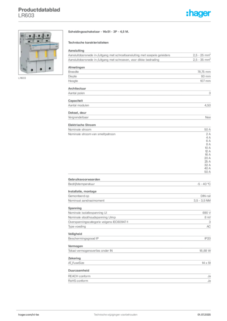 Afbeelding Hager Productdatablad LR603 | Hager Belgium