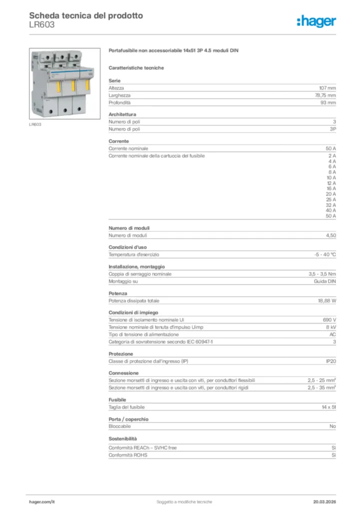 Immagine Hager Scheda tecnica del prodotto LR603 | Hager Italia