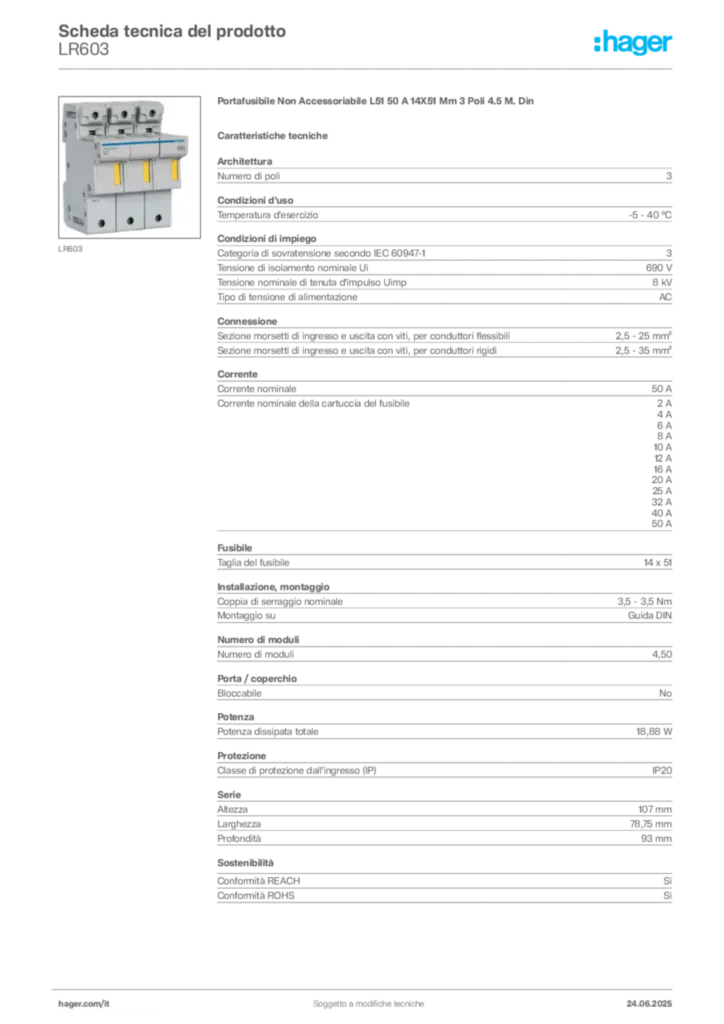 Immagine Hager Scheda tecnica del prodotto LR603 | Hager Italia