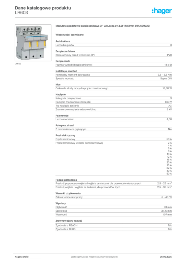 Zdjęcie Hager Dane katalogowe produktu LR603 | Hager Polska
