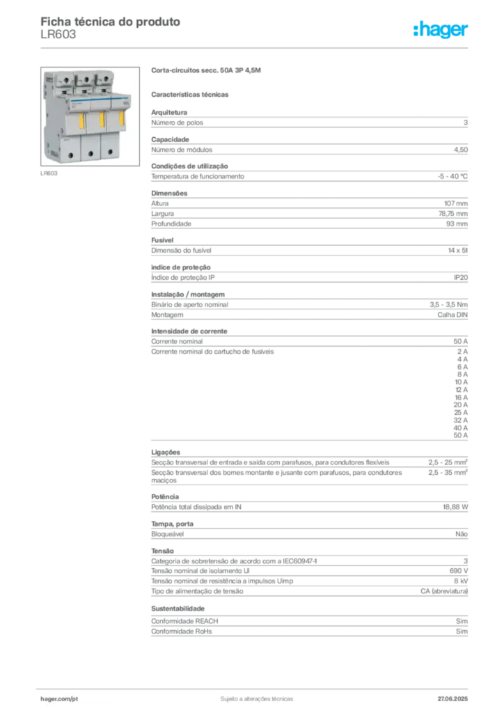 Imagem Hager Ficha técnica do produto LR603 | Hager Portugal