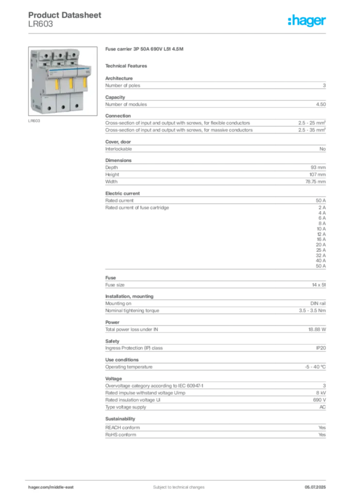 Image Hager Product data sheet LR603  | Hager