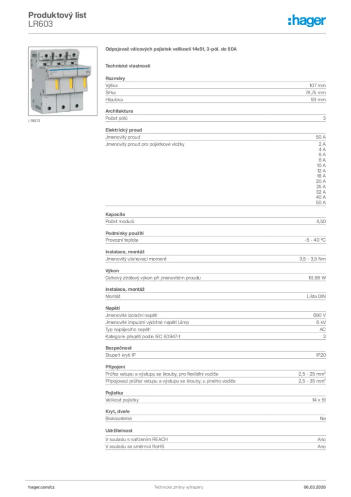 Obrázek Hager Product data sheet LR603 | Hager