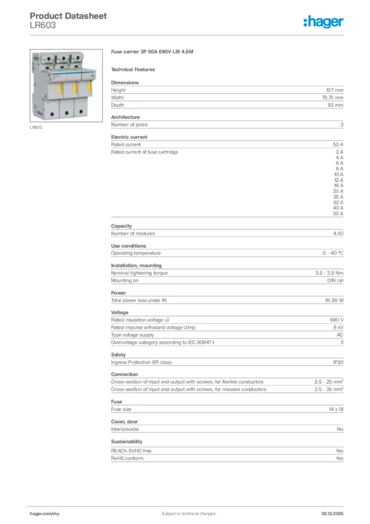 Image Hager Product data sheet LR603  | Hager