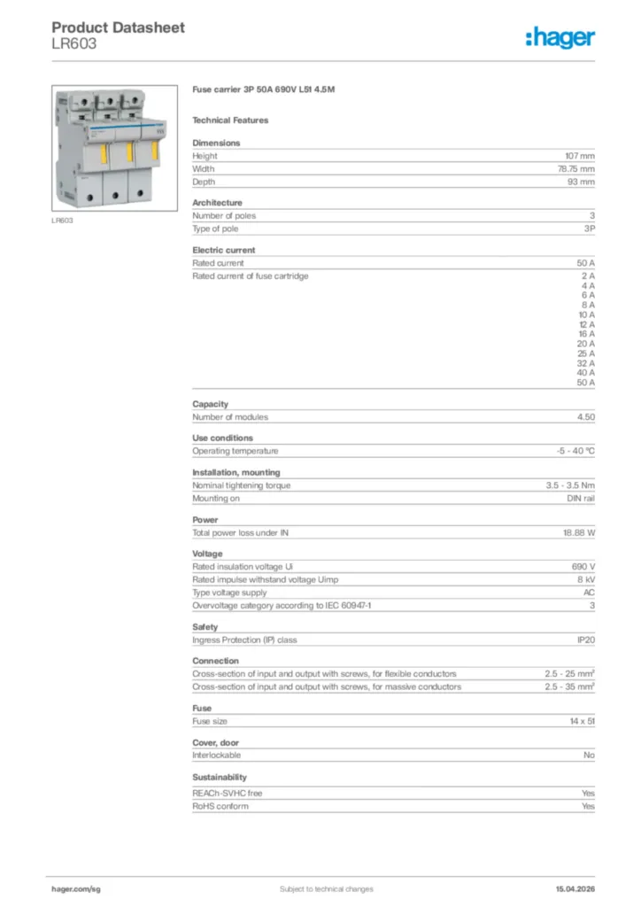 Image Hager Product data sheet LR603  | Hager