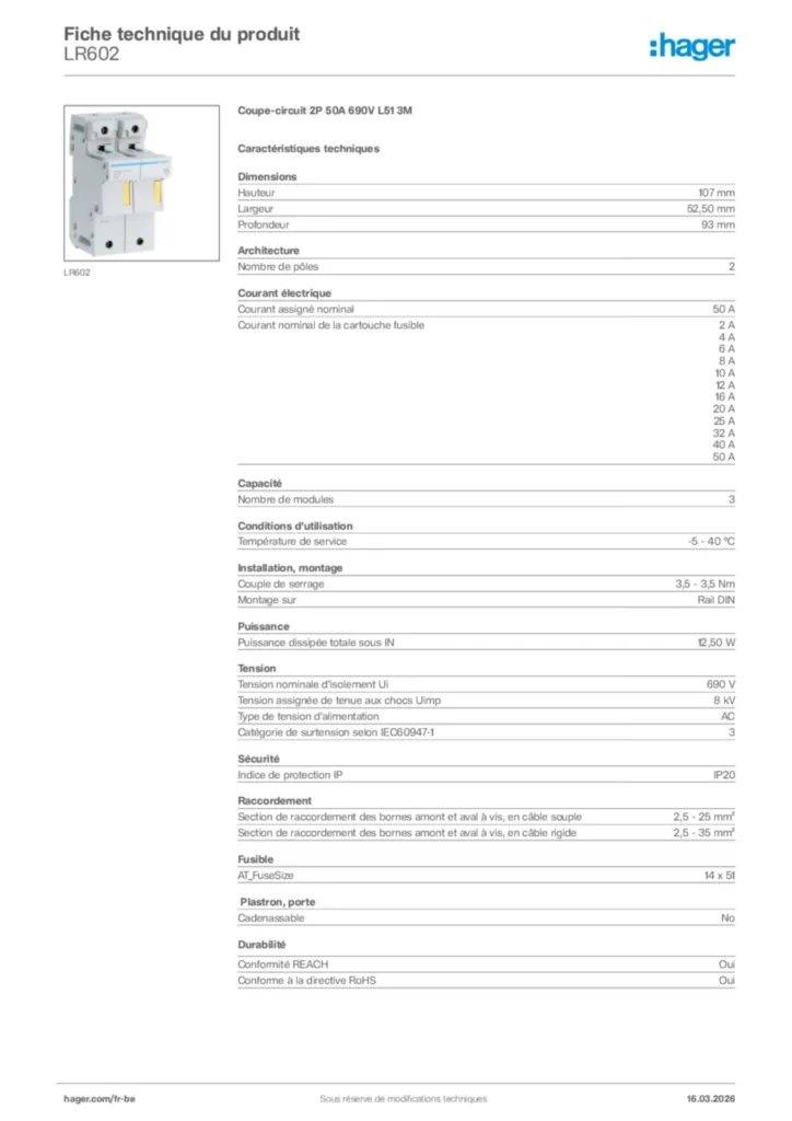 Image Hager Fiche technique du produit LR602 | Hager Belgique
