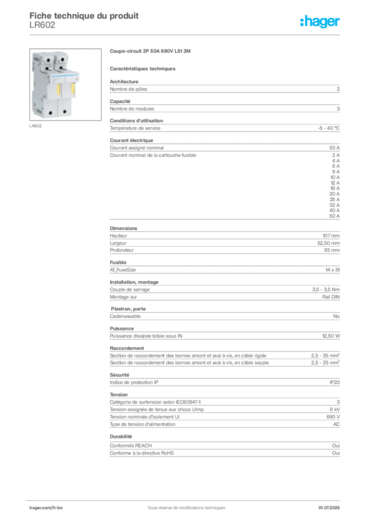 Image Hager Fiche technique du produit LR602 | Hager Belgique