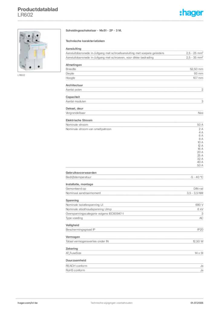 Afbeelding Hager Productdatablad LR602 | Hager Belgium