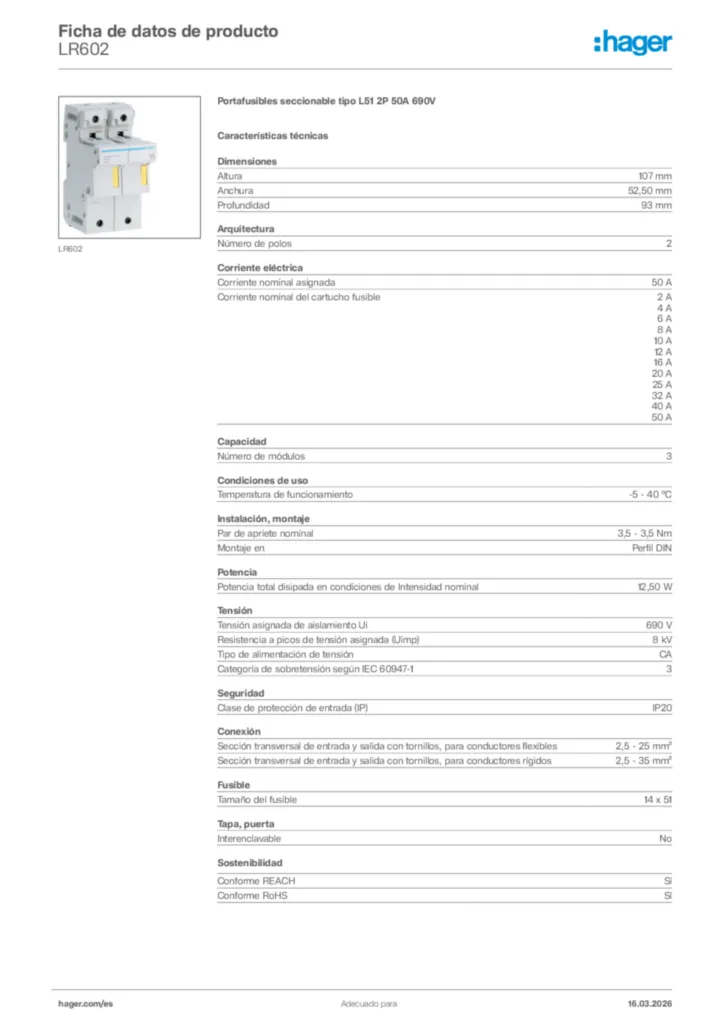 Imagen Hager Ficha de datos de producto LR602 | Hager España
