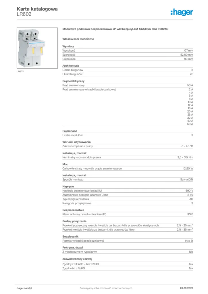 Zdjęcie Hager Karta katalogowa LR602 | Hager Polska