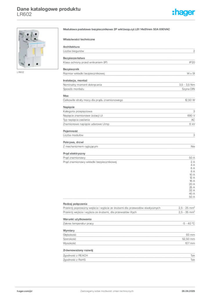 Zdjęcie Hager Dane katalogowe produktu LR602 | Hager Polska