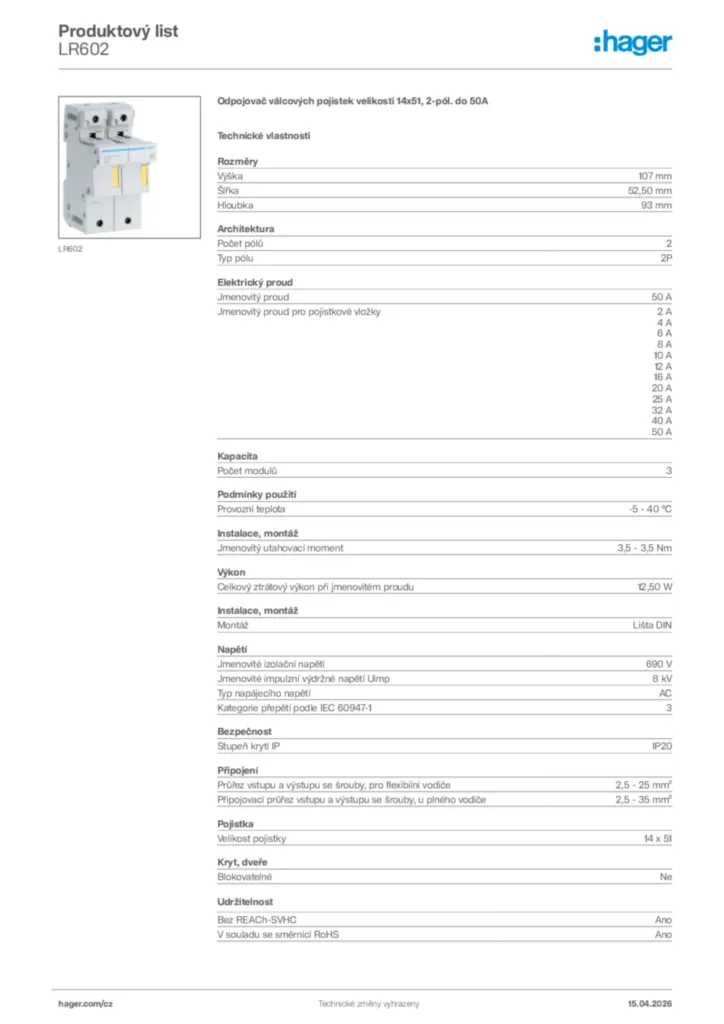 Obrázek Hager Product data sheet LR602 | Hager