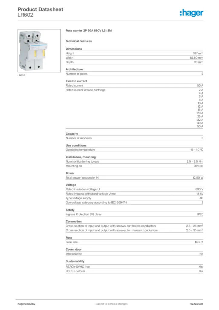 Image Hager Product data sheet LR602  | Hager