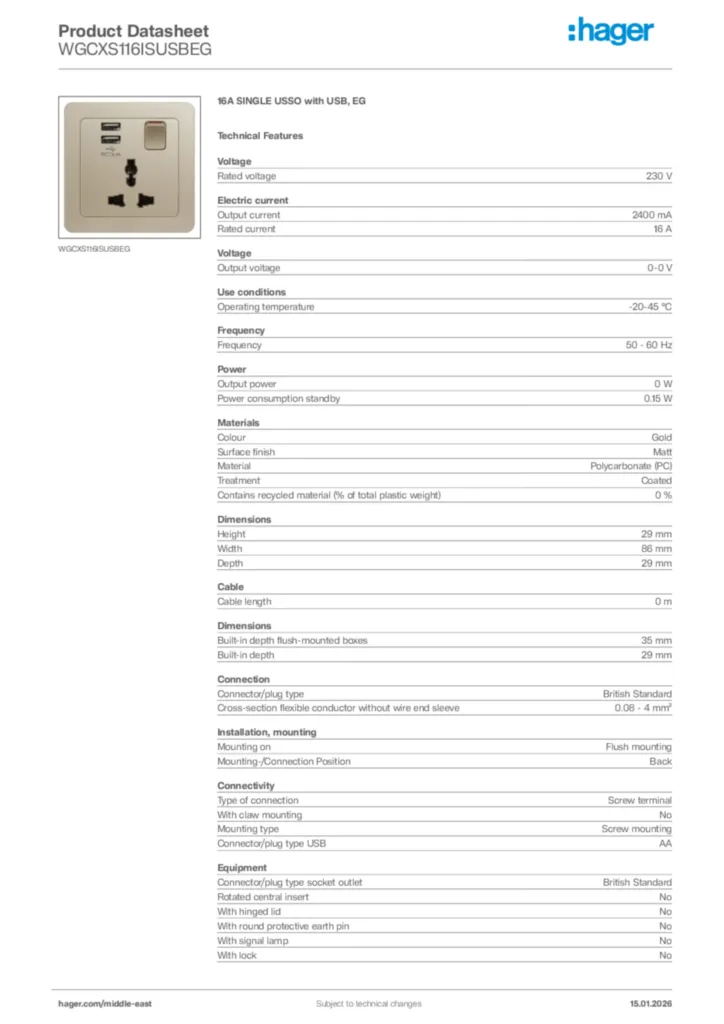 Image Hager Product data sheet WGCXS116ISUSBEG  | Hager