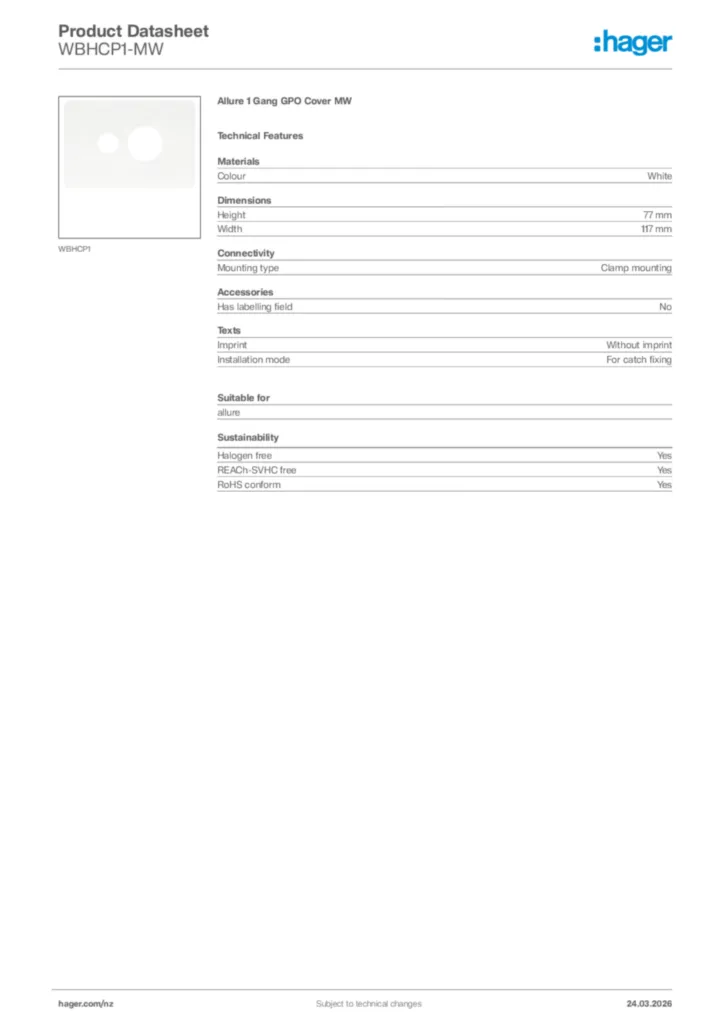 Image Hager Product data sheet WBHCP1-MW  | Hager New Zealand
